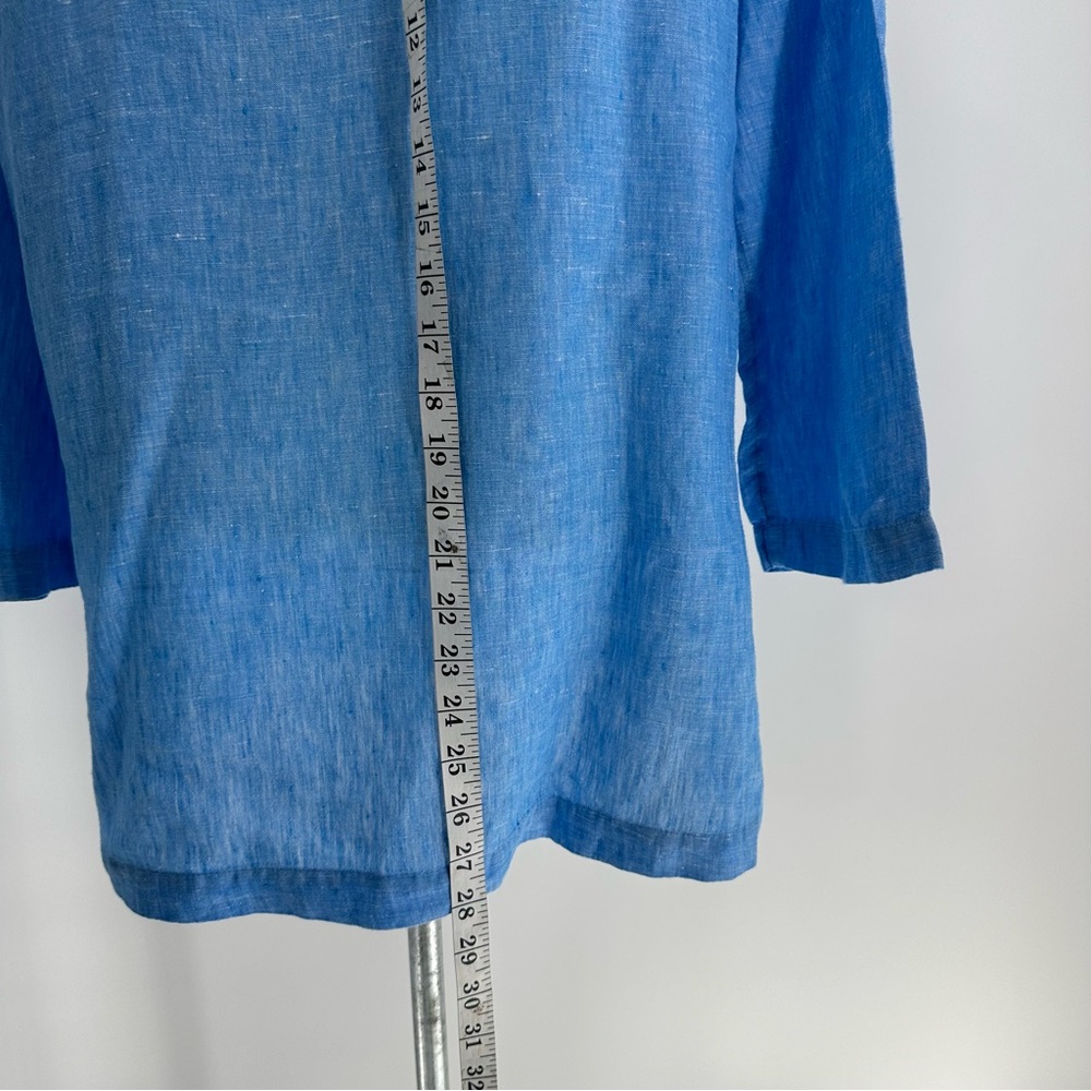 Tahari Top Blue Linen Collared V-neck 3/4 Sleeve Coastal Beachy Lightweight Sz L - Picture 12 of 12